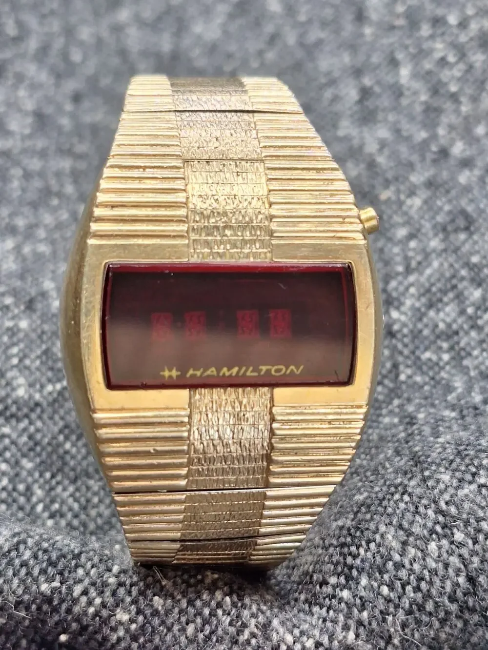 Hamilton QED LED Digital Watch 993276 Working 865 10K Gold Overlay Bark Bracelet